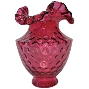 Fenton 7" vase.Pattern is Polka Dot in Ruby Overlay.Double crimped ruffled edge